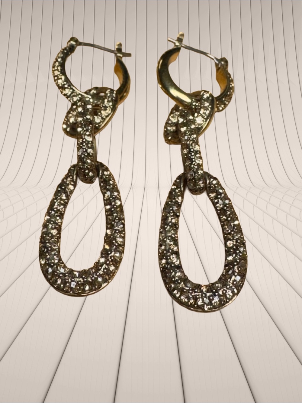 Vintage Monet Gold Tone Rhinestone Link Drop Earrings Statement Oval Dangle